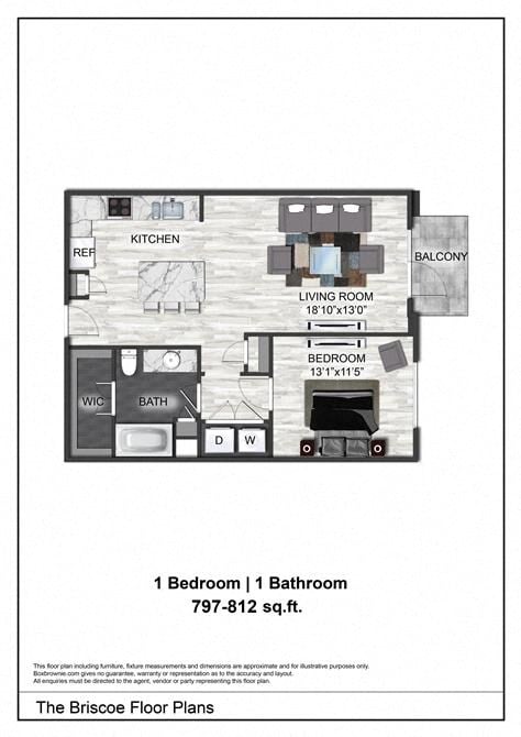 Floor plan for 1 bed, 1 bath, 784 sqft