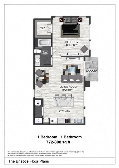Floor plan for 1 bed, 1 bath, 812 sqft