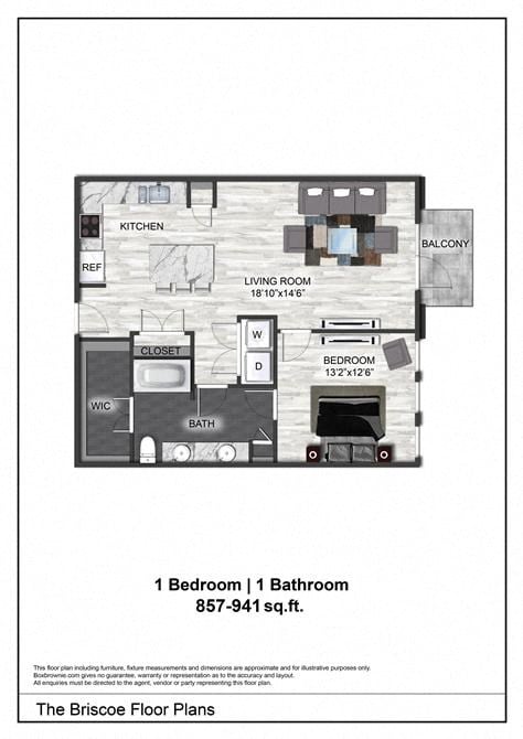 Floor plan for 1 bed, 1 bath, 870 sqft
