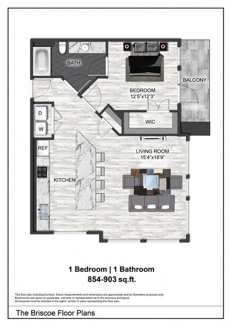 Floor plan for 1 bed, 1 bath, 903 sqft