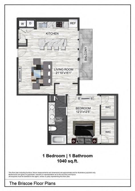 Floor plan for 1 bed, 1 bath, 1040 sqft