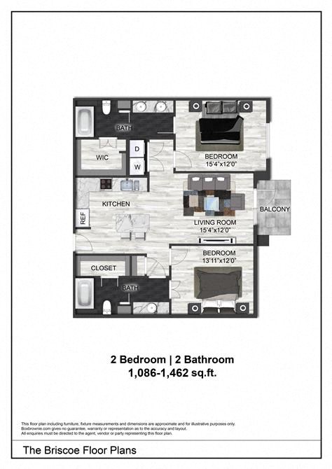 Floor plan for 2 beds, 2 baths, 1106 sqft