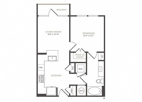 Floor plan for 1 bed, 1 bath, 621 sqft