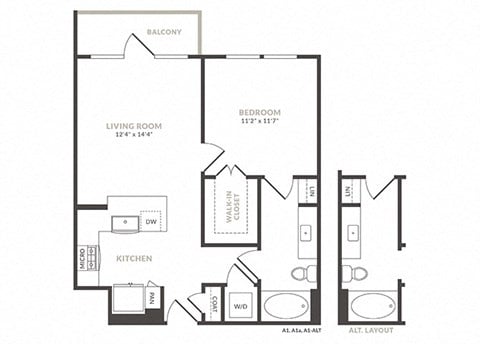 Floor plan for 1 bed, 1 bath, 675 sqft