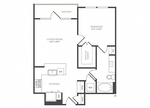 Floor plan for 1 bed, 1 bath, 710 sqft