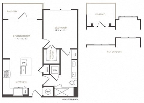 Floor plan for 1 bed, 1 bath, 738 sqft