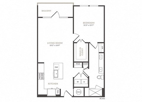 Floor plan for 1 bed, 1 bath, 850 sqft