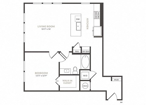 Floor plan for 1 bed, 1 bath, 859 sqft
