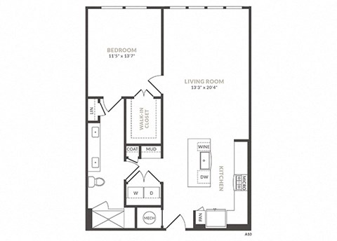 Floor plan for 1 bed, 1 bath, 910 sqft