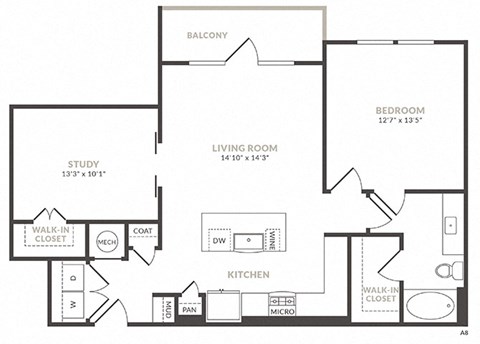Floor plan for 1 bed, 1 bath, 992 sqft