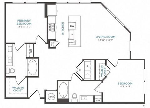 Floor plan for 2 beds, 2 baths, 1054 sqft