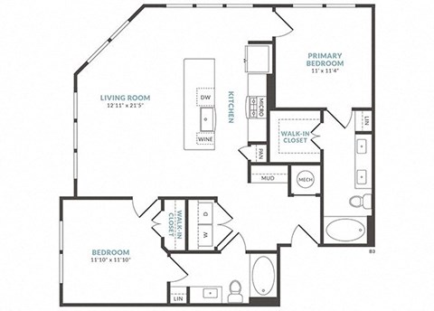 Floor plan for 2 beds, 2 baths, 1100 sqft