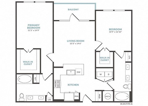 Floor plan for 2 beds, 2 baths, 1127 sqft