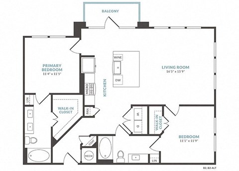 Floor plan for 2 beds, 2 baths, 1151 sqft