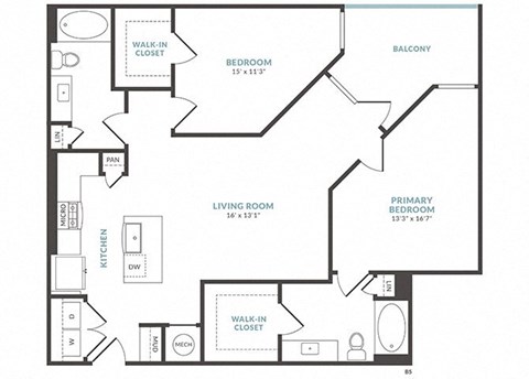 Floor plan for 2 beds, 2 baths, 1152 sqft