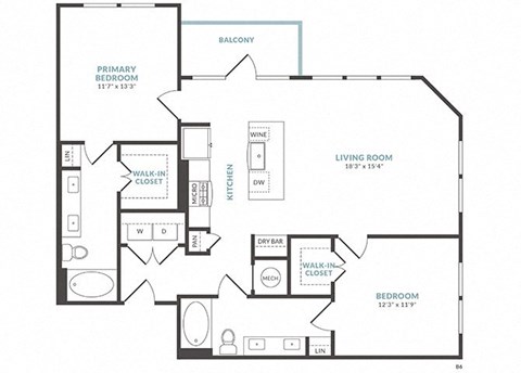 Floor plan for 2 beds, 2 baths, 1160 sqft