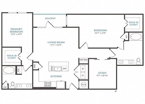 Floor plan for 2 beds, 2 baths, 1423 sqft