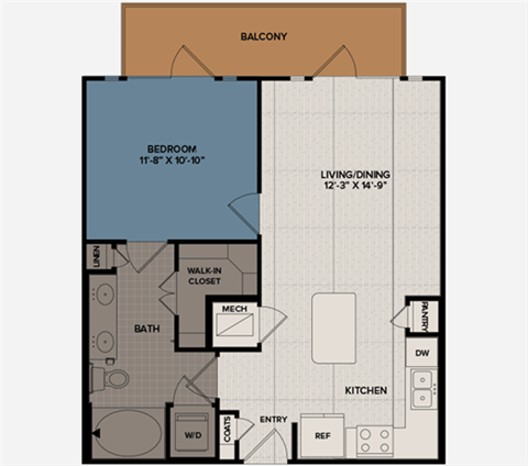 Floor plan for 1 bed, 1 bath, 663 sqft