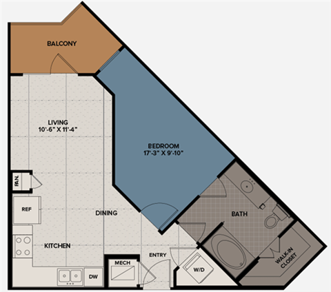 Floor plan for 1 bed, 1 bath, 639 sqft