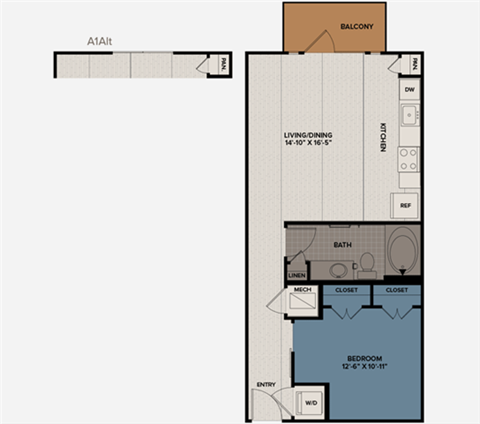 Floor plan for 1 bed, 1 bath, 649 sqft