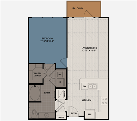 Floor plan for 1 bed, 1 bath, 784 sqft