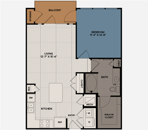 Floor plan for 1 bed, 1 bath, 736 sqft