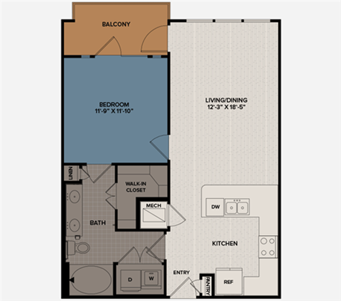 Floor plan for 1 bed, 1 bath, 740 sqft