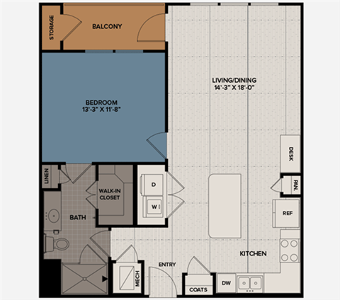 Floor plan for 1 bed, 1 bath, 826 sqft