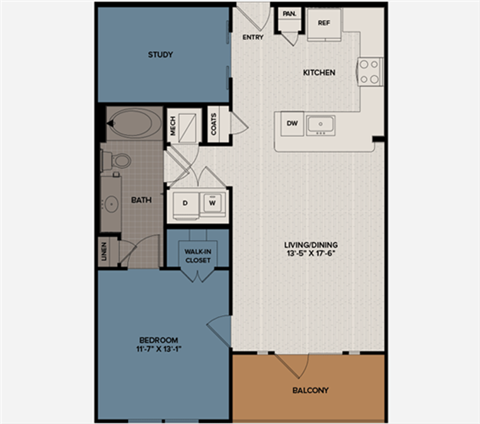 Floor plan for 1 bed, 1 bath, 879 sqft