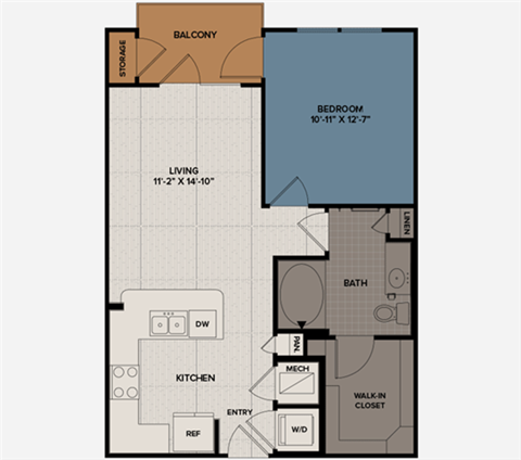 Floor plan for 1 bed, 1 bath, 683 sqft