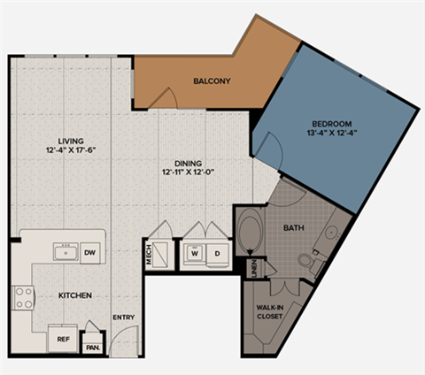 Floor plan for 1 bed, 1 bath, 936 sqft