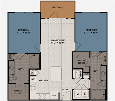 Floor plan for 2 beds, 2 baths, 1058 sqft