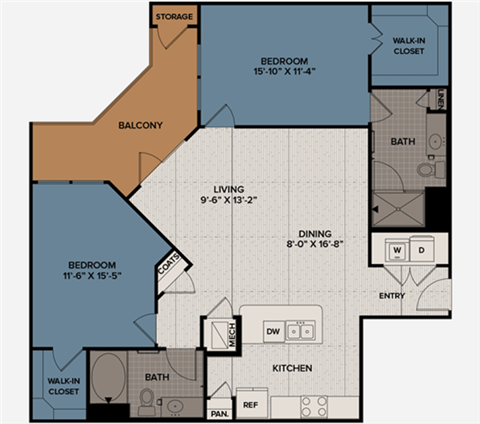 Floor plan for 2 beds, 2 baths, 1246 sqft