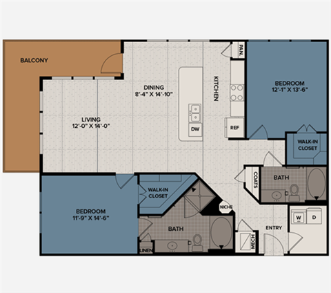 Floor plan for 2 beds, 2 baths, 1361 sqft