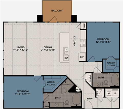 Floor plan for 2 beds, 2 baths, 1361 sqft