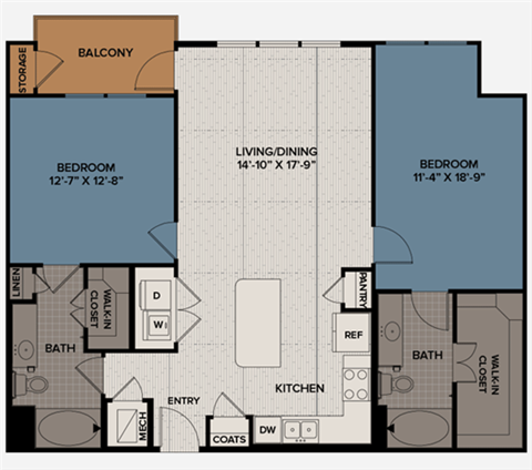 Floor plan for 2 beds, 2 baths, 1193 sqft