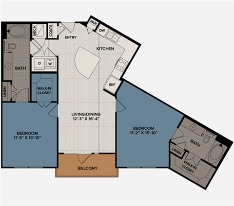 Floor plan for 2 beds, 2 baths, 1117 sqft