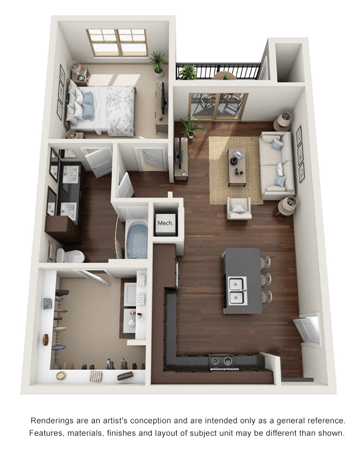 Floor plan for 1 bed, 1 bath, 751 sqft
