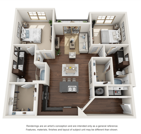 Floor plan for 2 beds, 2 baths, 1162 sqft