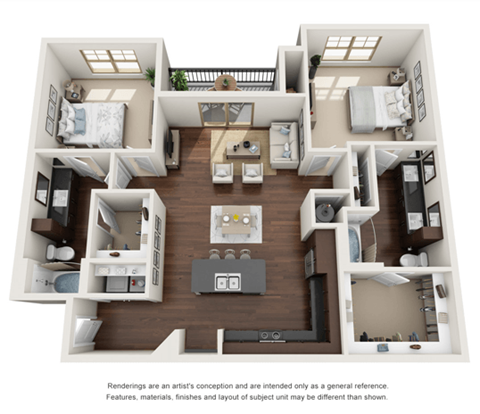 Floor plan for 2 beds, 2 baths, 1227 sqft