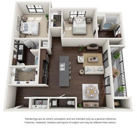 Floor plan for 2 beds, 2.5 baths, 1279 sqft