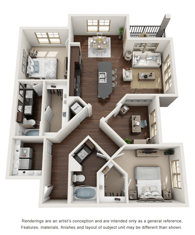 Floor plan for 2 beds, 2 baths, 1371 sqft