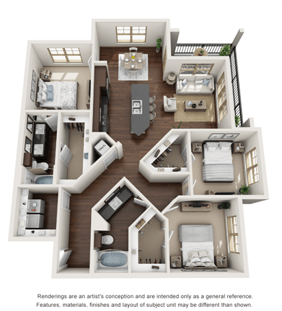 Floor plan for 3 beds, 2 baths, 1386 sqft
