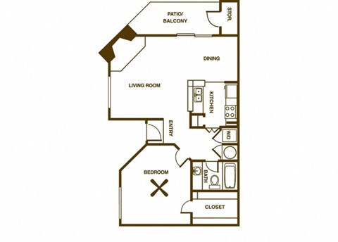 Floor plan for 1 bed, 1 bath, 707 sqft