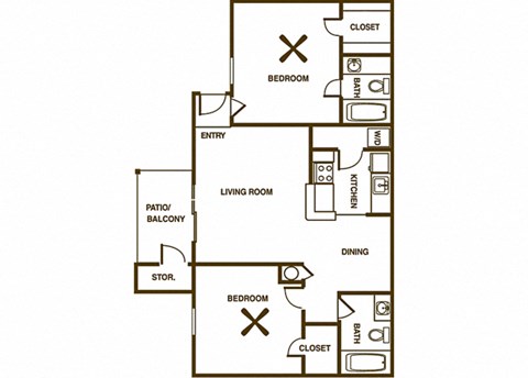 Floor plan for 2 beds, 2 baths, 885 sqft