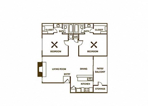 Floor plan for 2 beds, 2 baths, 971 sqft