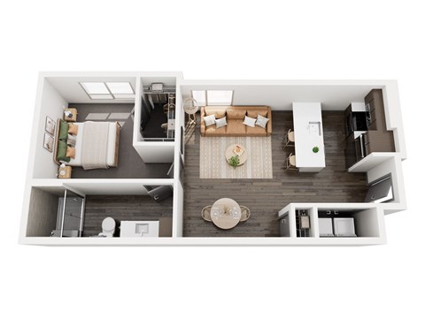 Floor plan for 1 bed, 1 bath, 667 sqft