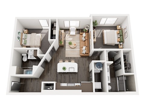Floor plan for 2 beds, 2 baths, 967 sqft