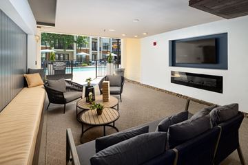 Brentwood apartment for rent - a living room with couches and a television in front of a pool