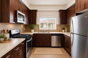 Chula Vista apartment for rent - A modern kitchen with dark wood cabinets and stainless steel appliances.